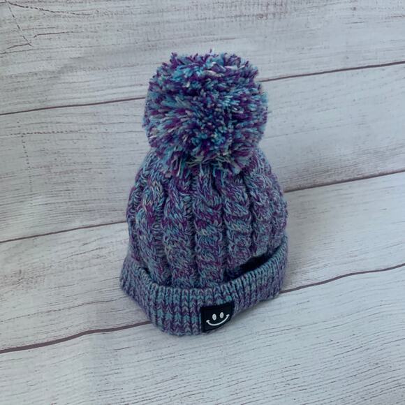 Kids Blue and Purple Stocking Hat with Pom Folded Cuff Fleece Interior Small - Picture 11 of 12